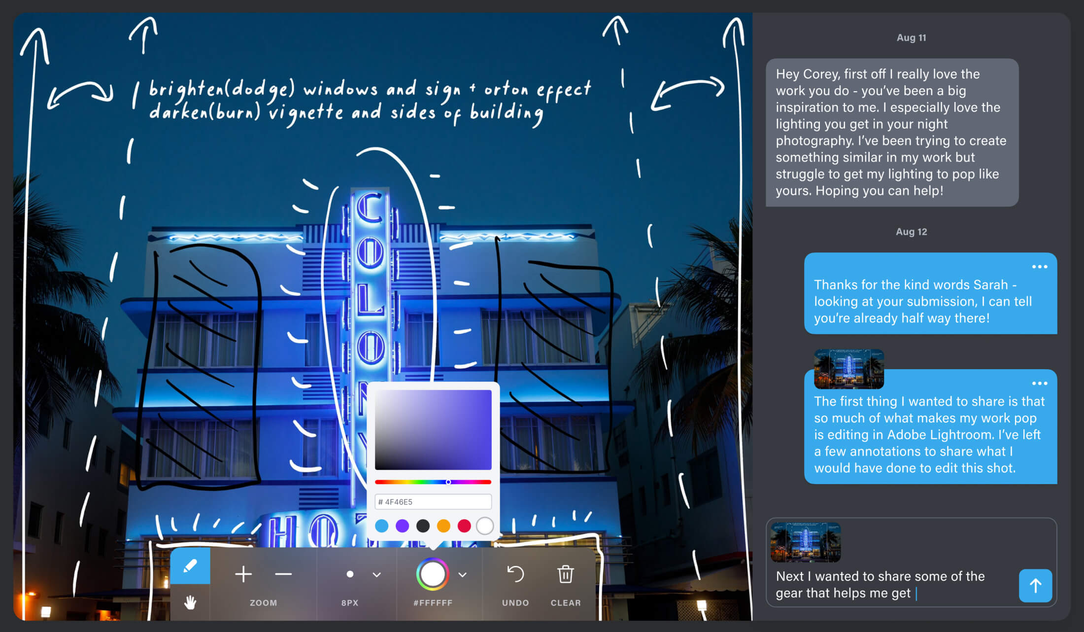 A Back n Forth engagement submission shown within the annotation canvas creators can use to type and draw their response.